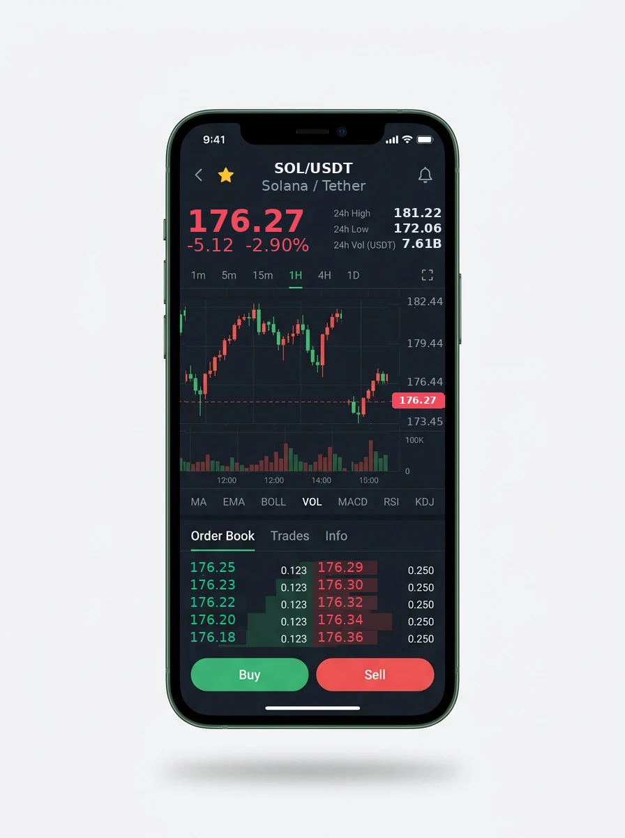 XTrade — BTC/USDT live candlestick chart, order book and one-tap Buy/Sell on mobile